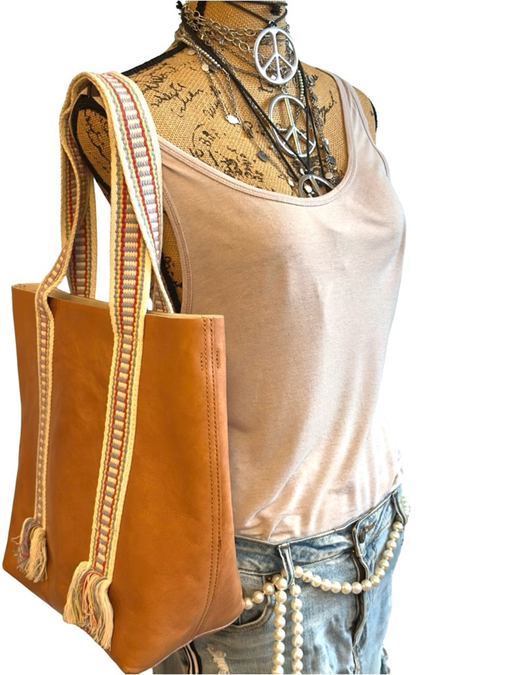 Madewell Transport Tote Tan Leather With Woven Handles Boho Detachable Strap - Picture 5 of 10